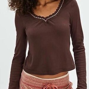 Free People Only You Brown Ribbon Pointelle Long Sleeve Tee Size Small NWT